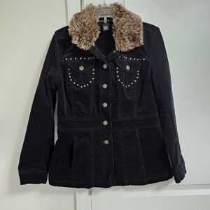 KIKIT Jeans Women's Corduroy Jacket Medium Brown Faux Fur Collar Retro Y2K EUC